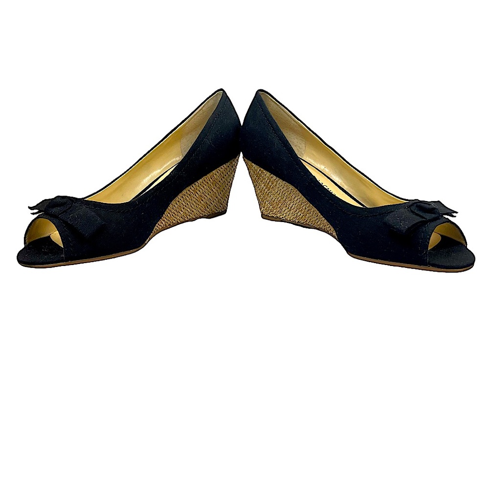 Isaac Mizrahi Live! Black Canvas Peep Toe
Straw like Wedges Bow Detail … - Picture 1 of 17